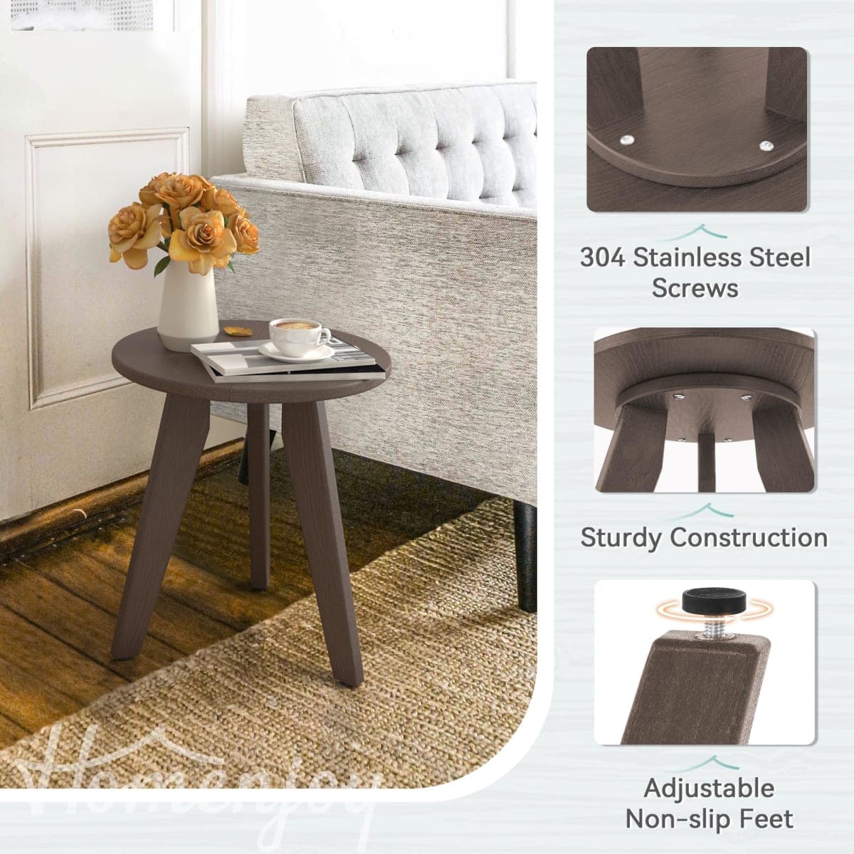 Homenjoy Outdoor Side Table, HDPE Outdoor Table, Small Round Side Table Weather-Resistant, Outdoor Side Tables for Patio, Porch,Deck,End Table for Plant Stand, Dark Brown thumbnail 4
