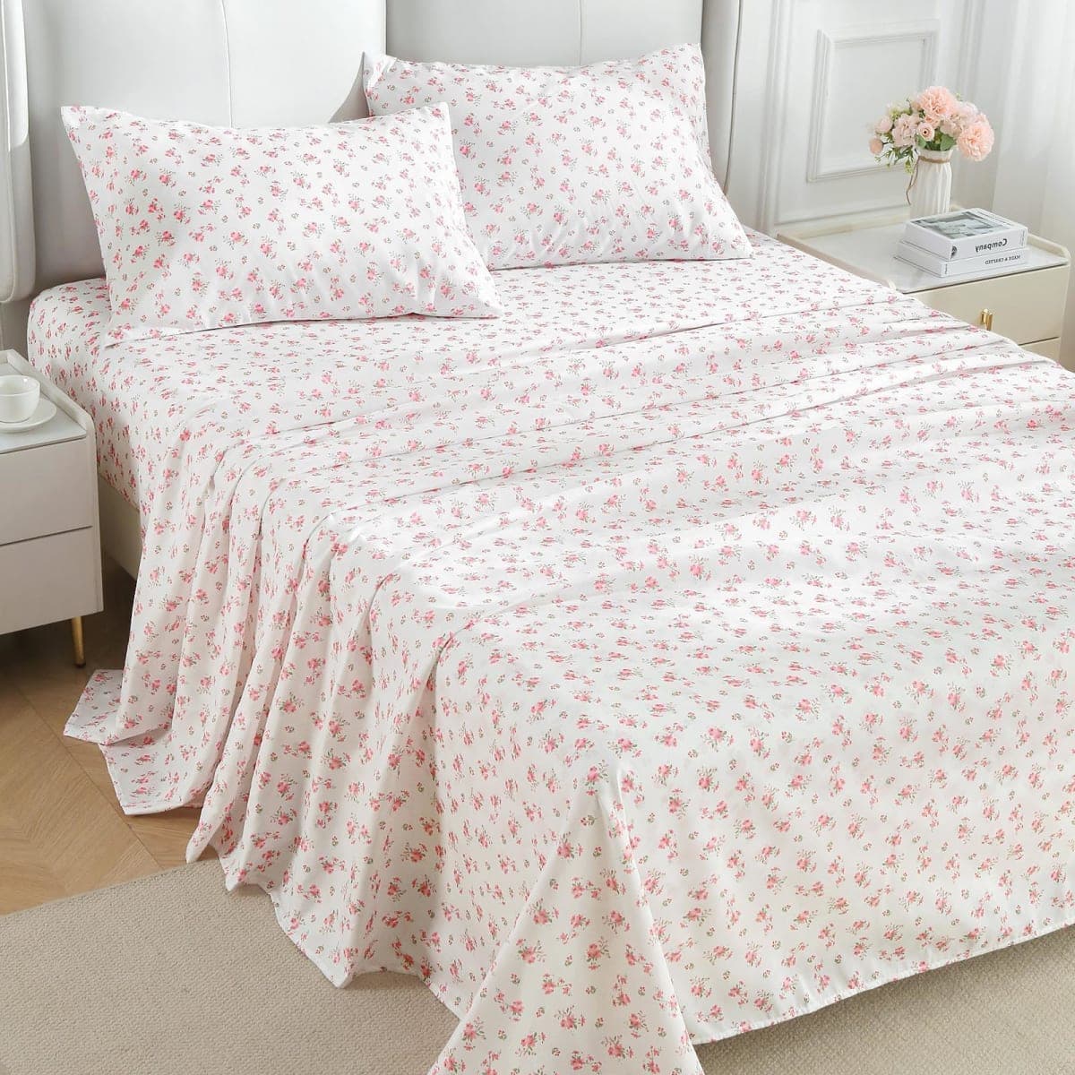 MUXHOMO Queen Size 4 Piece Sheet Set, Soft Breathable Bed Sheet Set for Bedroom with Deep Pocket Up to 16", Wrinkle-Free & Cooling Bedding for Oeko-TEX Certified - Blossoms Pink thumbnail 2