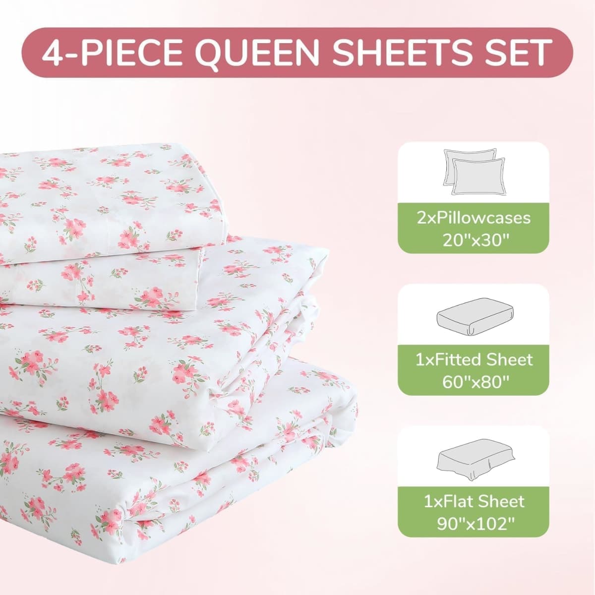 MUXHOMO Queen Size 4 Piece Sheet Set, Soft Breathable Bed Sheet Set for Bedroom with Deep Pocket Up to 16", Wrinkle-Free & Cooling Bedding for Oeko-TEX Certified - Blossoms Pink thumbnail 3