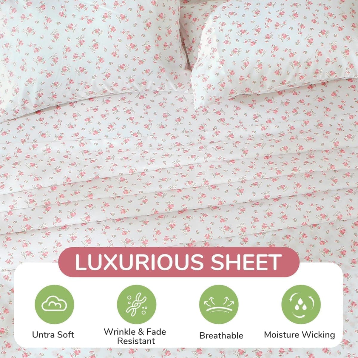 MUXHOMO Queen Size 4 Piece Sheet Set, Soft Breathable Bed Sheet Set for Bedroom with Deep Pocket Up to 16", Wrinkle-Free & Cooling Bedding for Oeko-TEX Certified - Blossoms Pink thumbnail 4