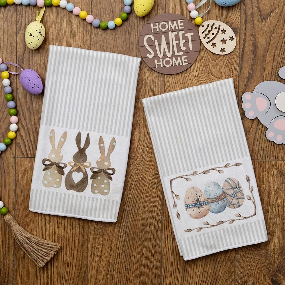 ARKENY Easter Kitchen Towels for Easter Decor Beige Bunny Dish Towels 18x26 Inch Ultra Absorbent Bar Drying Cloth Eggs Hand Towel for Kitchen Bathroom Party Easter Decorations Set of 2 thumbnail 3