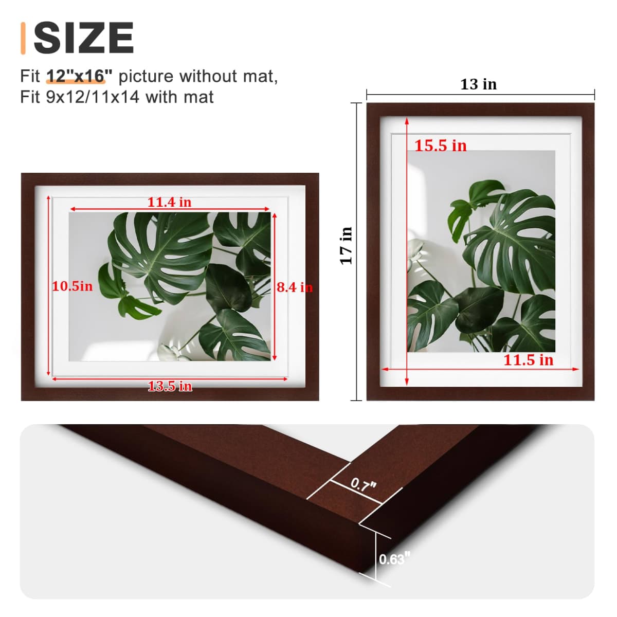 Egofine 12x16 Picture Frames with Plexiglass, Display Pictures 9x12/11x14 with Mat or 12x16 Without Mat for Tabletop and Wall Mounting, Walnut Color thumbnail 3