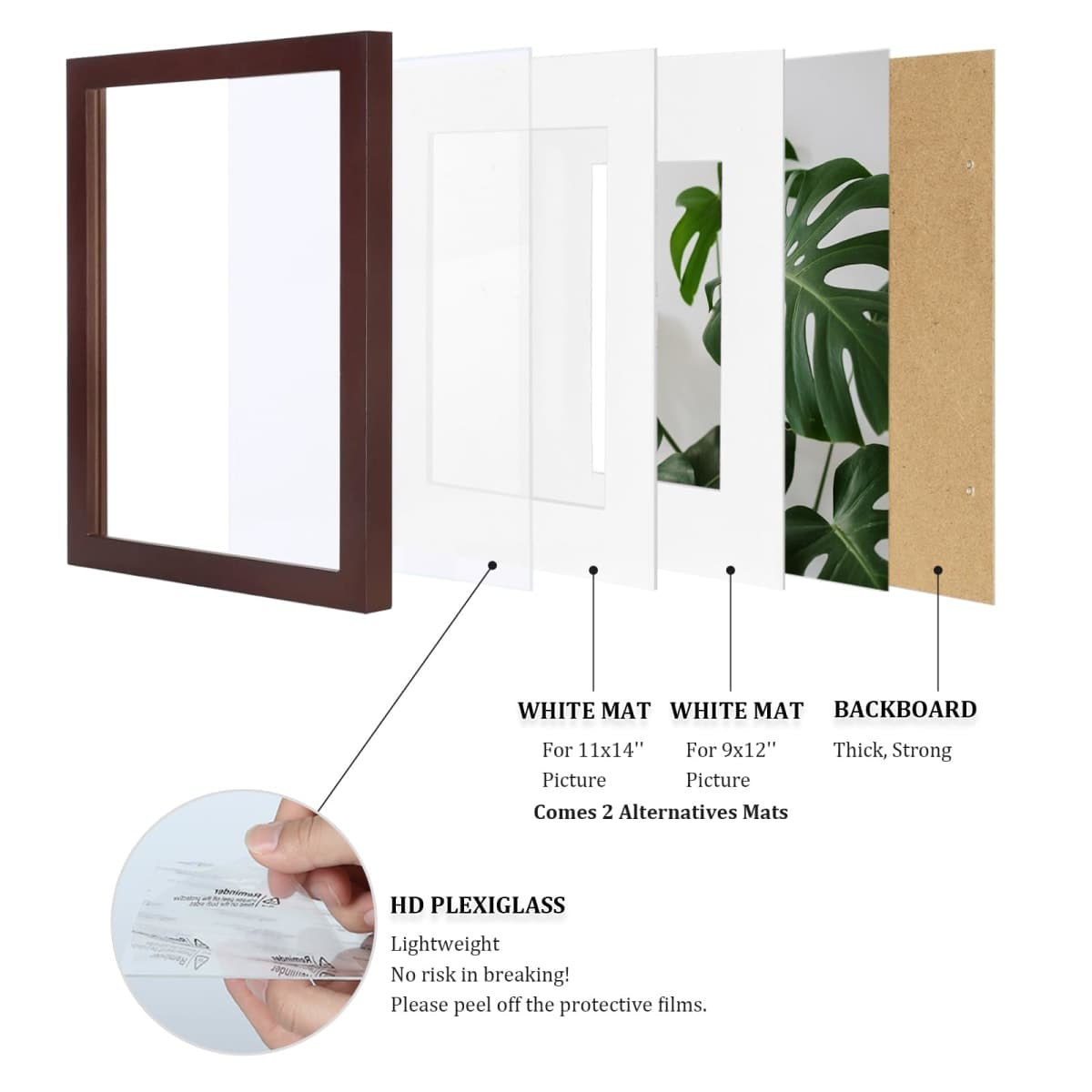 Egofine 12x16 Picture Frames with Plexiglass, Display Pictures 9x12/11x14 with Mat or 12x16 Without Mat for Tabletop and Wall Mounting, Walnut Color thumbnail 4