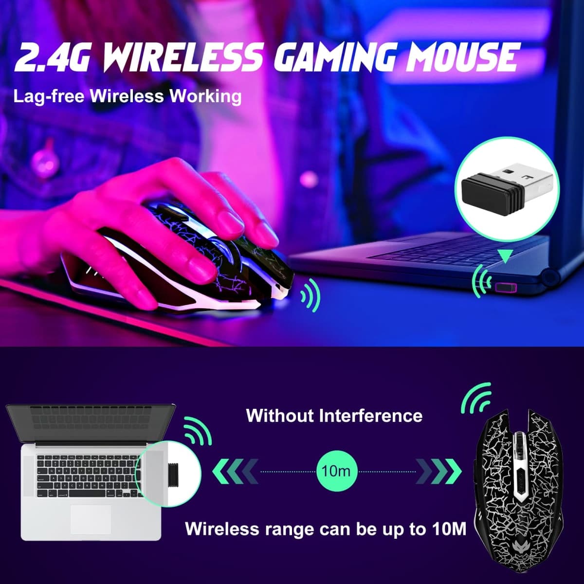 LuLabboard Wireless Gaming Mouse, Rechargeable Wireless Computer Mouse, 7-Color LED Light, Ergonomic Mouse with 6 Silent Click Buttons, 3 Adjustable 2400 DPI Wireless Mouse for Laptop,PC,Mac, Black thumbnail 2