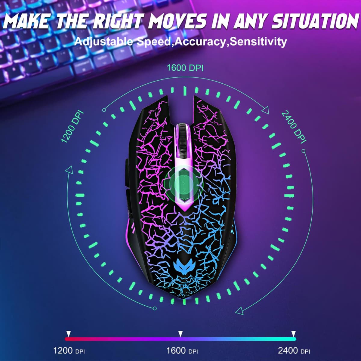 LuLabboard Wireless Gaming Mouse, Rechargeable Wireless Computer Mouse, 7-Color LED Light, Ergonomic Mouse with 6 Silent Click Buttons, 3 Adjustable 2400 DPI Wireless Mouse for Laptop,PC,Mac, Black thumbnail 3