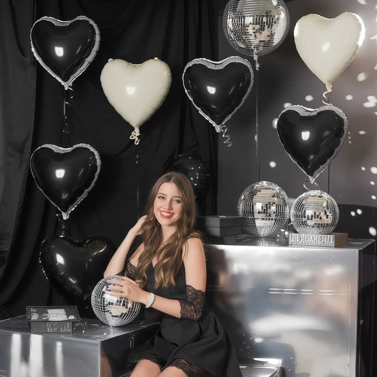 Black and White Heart Balloons 18 Inch Black and Cream White Heart Shape 12 Pack White Sand Black Helium Foil Heart Balloon for Birthday Wedding Bridal Shower Hen Party thumbnail 5