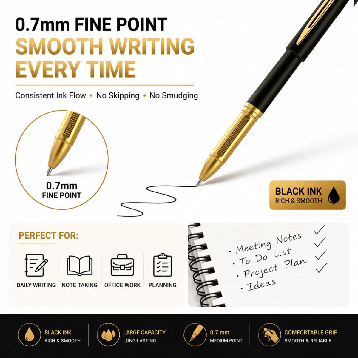 DruckFeder FederDruck Gel Pens 30 Pack Black Fine Point Smooth Writing Pens, Gel Ink Rollerball Pens 0.7mm,Back to School Supplies thumbnail 3