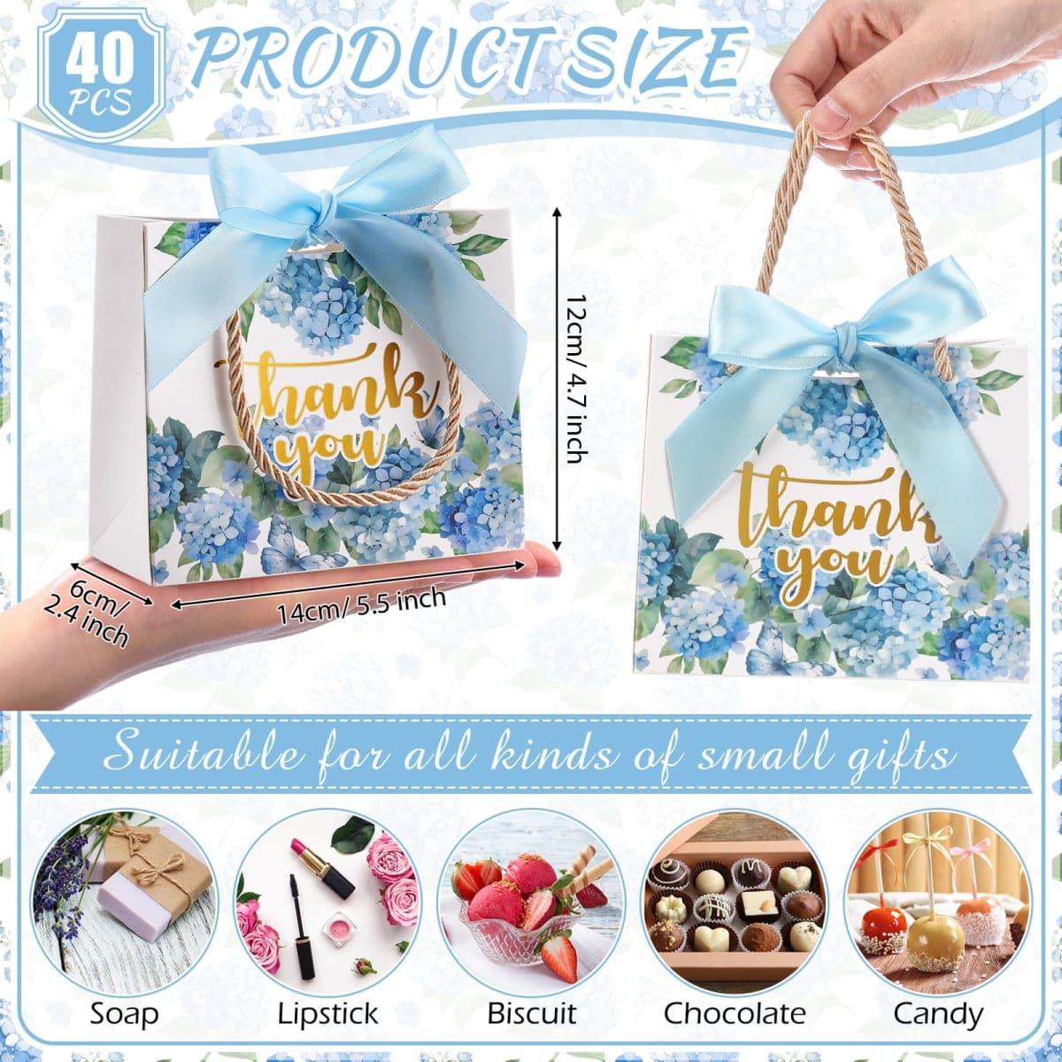 Moinchore 40 Pack Thank You Gift Bags with Handles Paper Wedding Welcome Bags Bridal Shower Leaf Flower Welcome Gift Tote with Bow for Wedding Birthday Baby Shower Party Favor(Blue Hydrangea) thumbnail 2