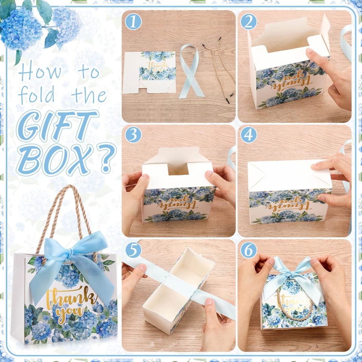 Moinchore 40 Pack Thank You Gift Bags with Handles Paper Wedding Welcome Bags Bridal Shower Leaf Flower Welcome Gift Tote with Bow for Wedding Birthday Baby Shower Party Favor(Blue Hydrangea) thumbnail 3
