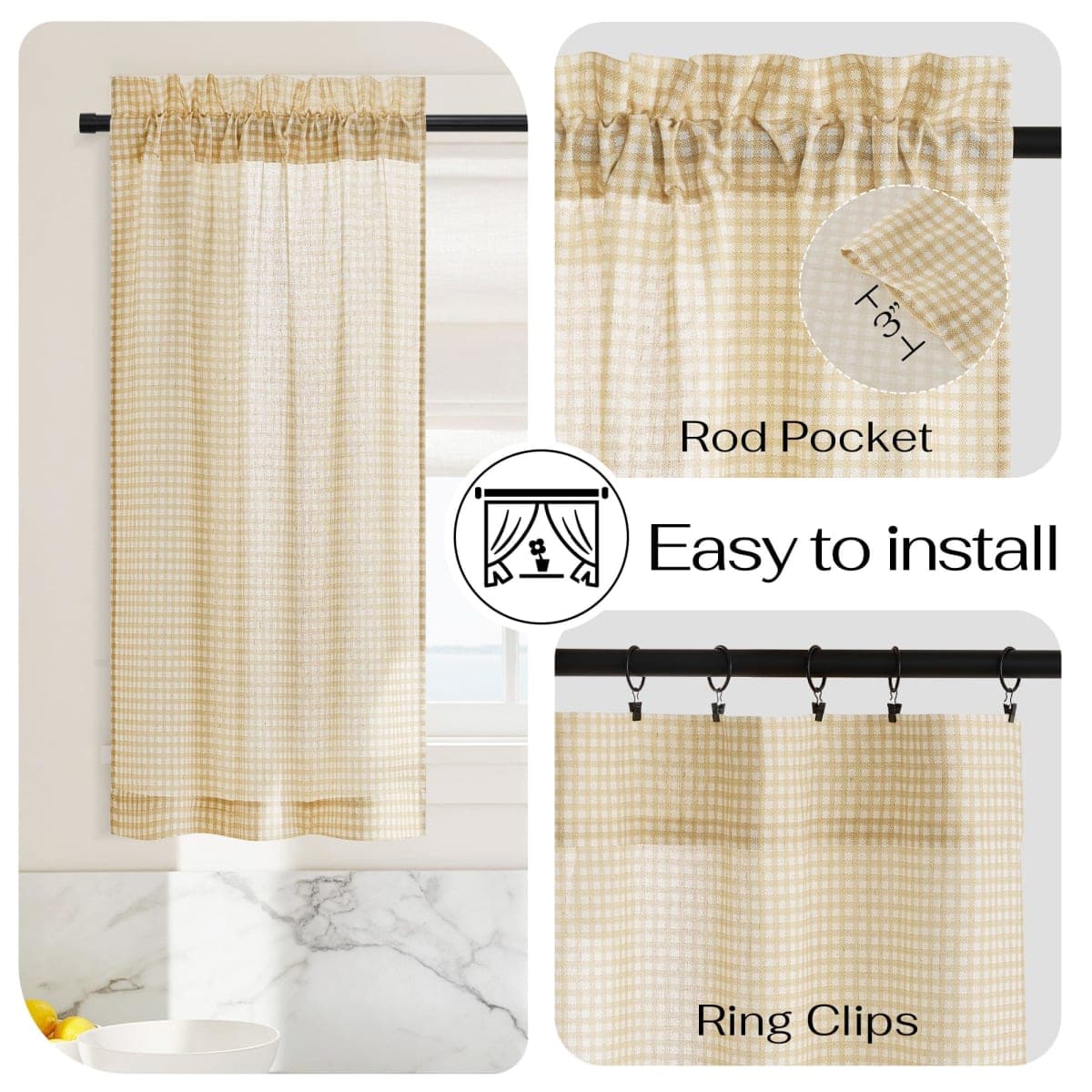 NICETOWN Linen Kitchen Short Curtains 36 Inch Length 2 Panels, Butter Yellow Plaid Rustic Farmhouse Decor Drapes, Light Filtering Tier Curtains with Rod Pocket for Bedroom Bathroom, 30 x 36 thumbnail 2