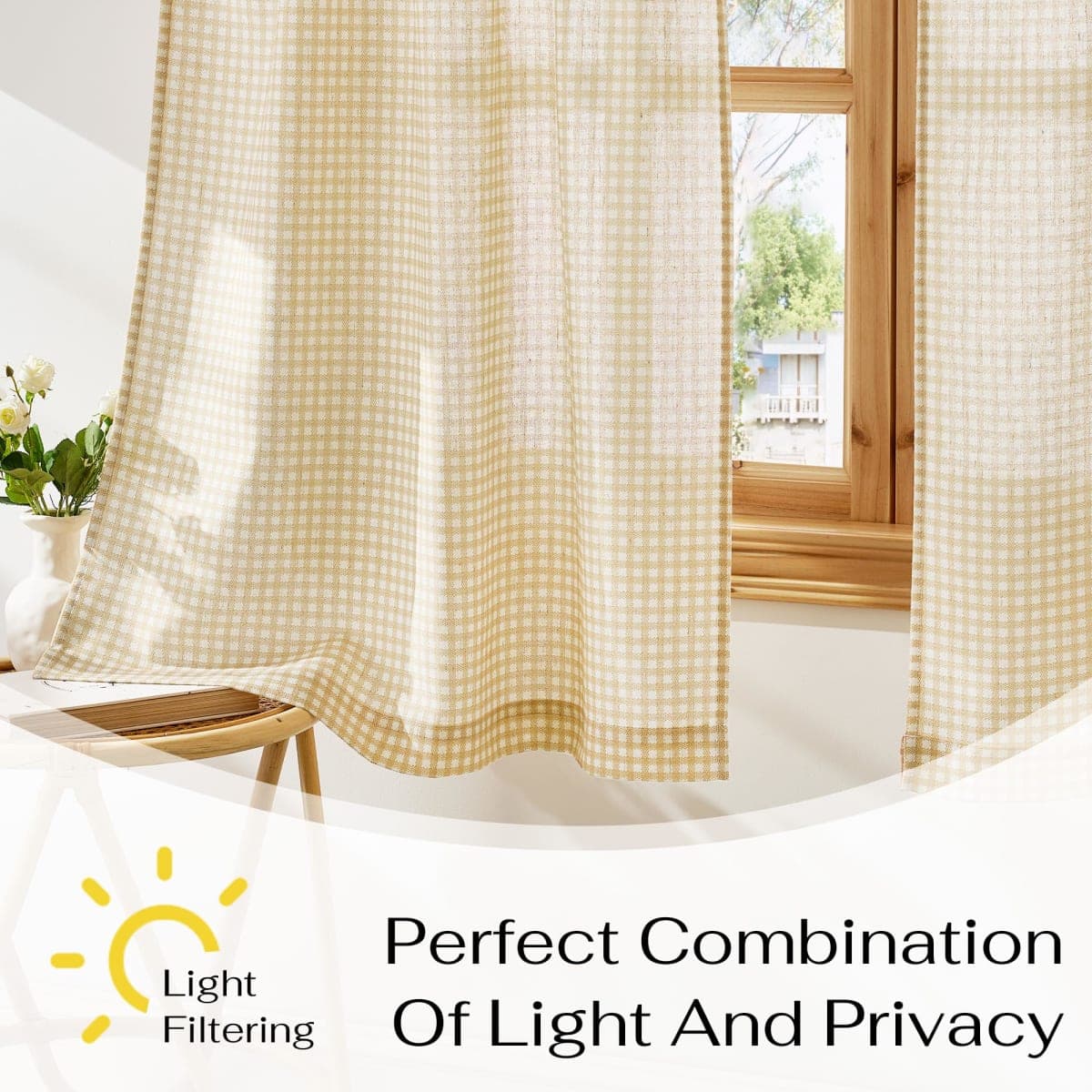 NICETOWN Linen Kitchen Short Curtains 36 Inch Length 2 Panels, Butter Yellow Plaid Rustic Farmhouse Decor Drapes, Light Filtering Tier Curtains with Rod Pocket for Bedroom Bathroom, 30 x 36 thumbnail 3