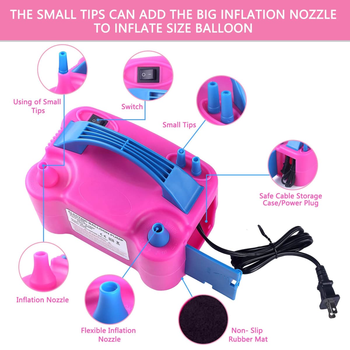 Electric Balloon Pump,Balloon Inflator, Dual Nozzle Electric Air Pump,Balloon Pump Balloons Blower 110V 600W for Party Decoration with Gifts:2 Balloon Tying Tools (Rose red) thumbnail 2