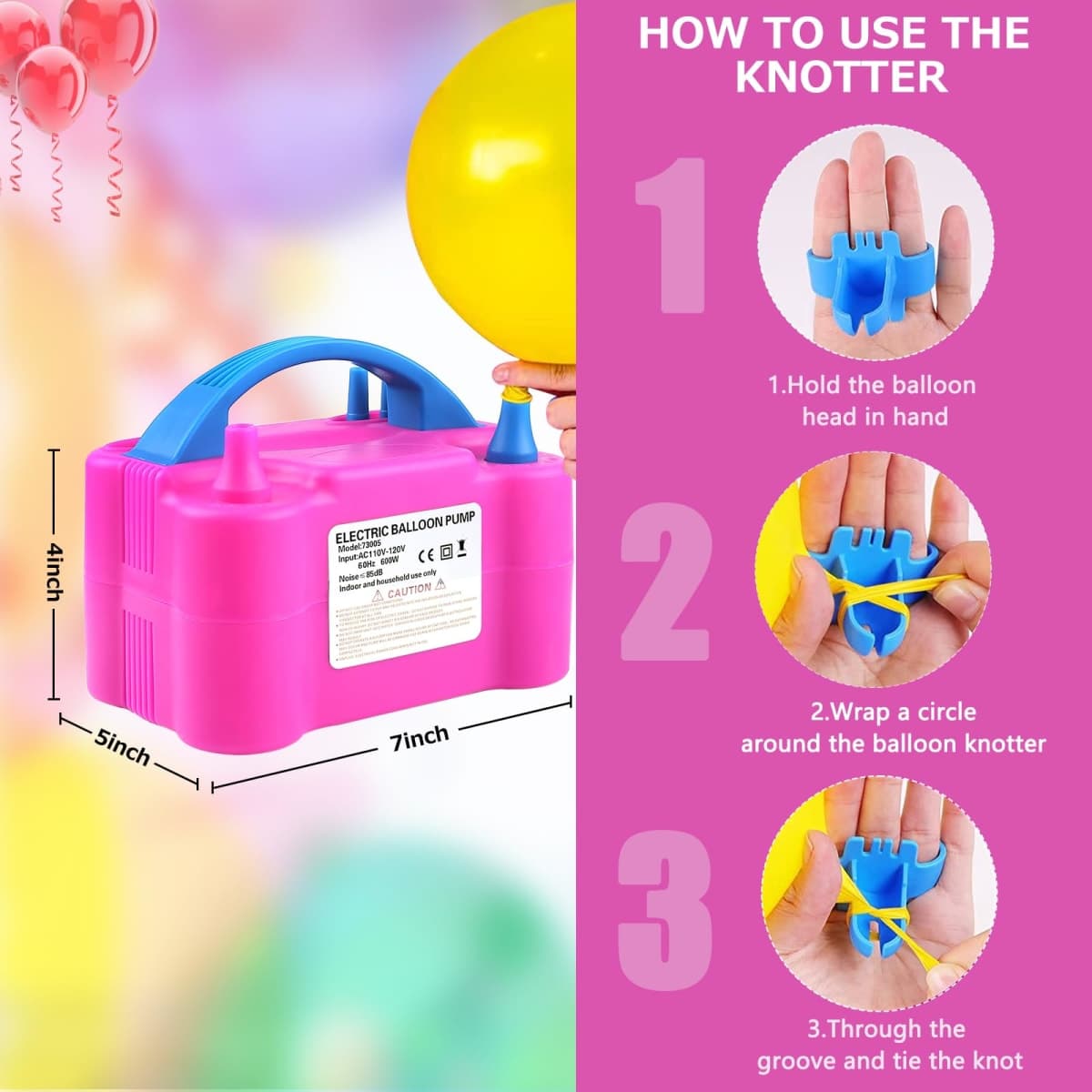 Electric Balloon Pump,Balloon Inflator, Dual Nozzle Electric Air Pump,Balloon Pump Balloons Blower 110V 600W for Party Decoration with Gifts:2 Balloon Tying Tools (Rose red) thumbnail 4