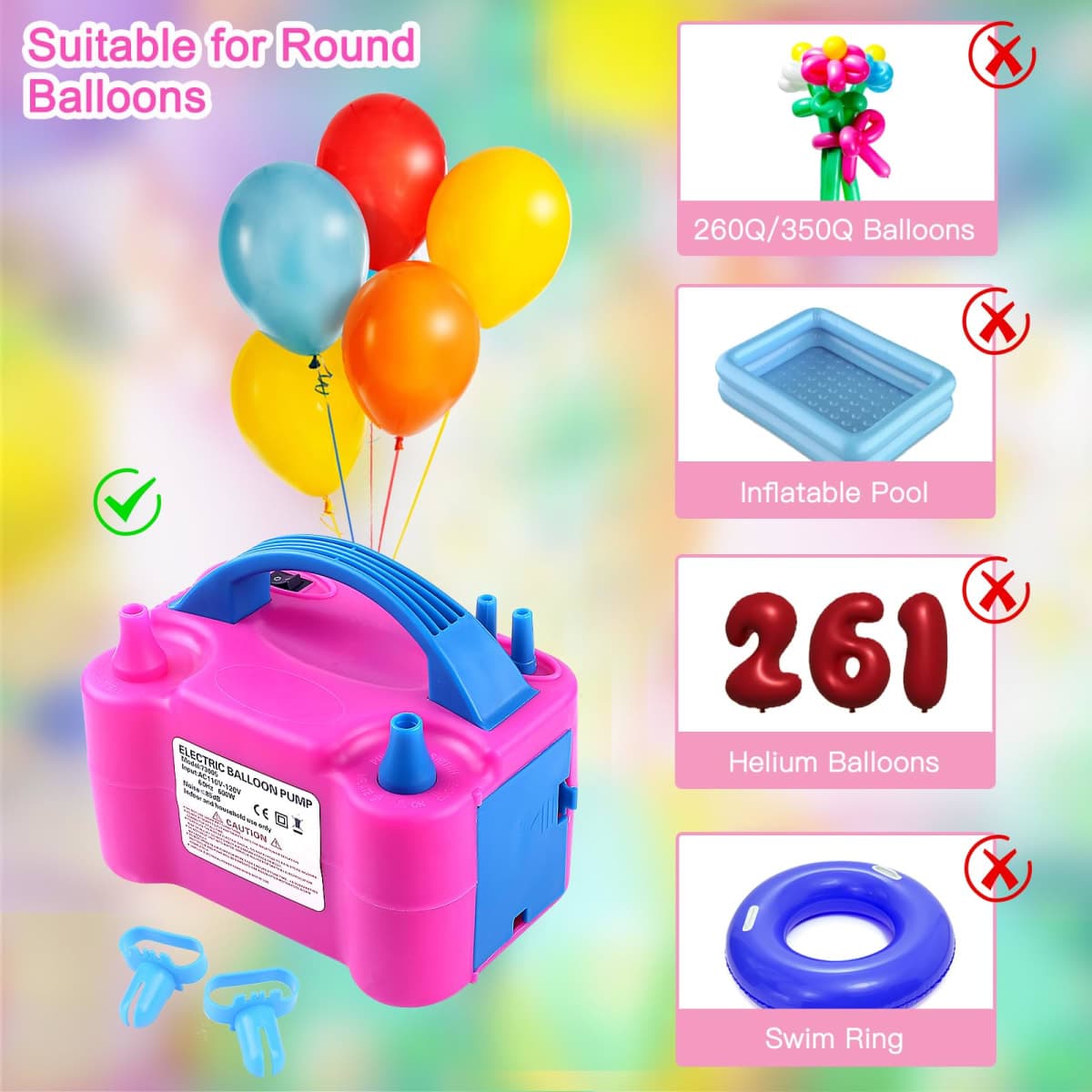 Electric Balloon Pump,Balloon Inflator, Dual Nozzle Electric Air Pump,Balloon Pump Balloons Blower 110V 600W for Party Decoration with Gifts:2 Balloon Tying Tools (Rose red) thumbnail 5