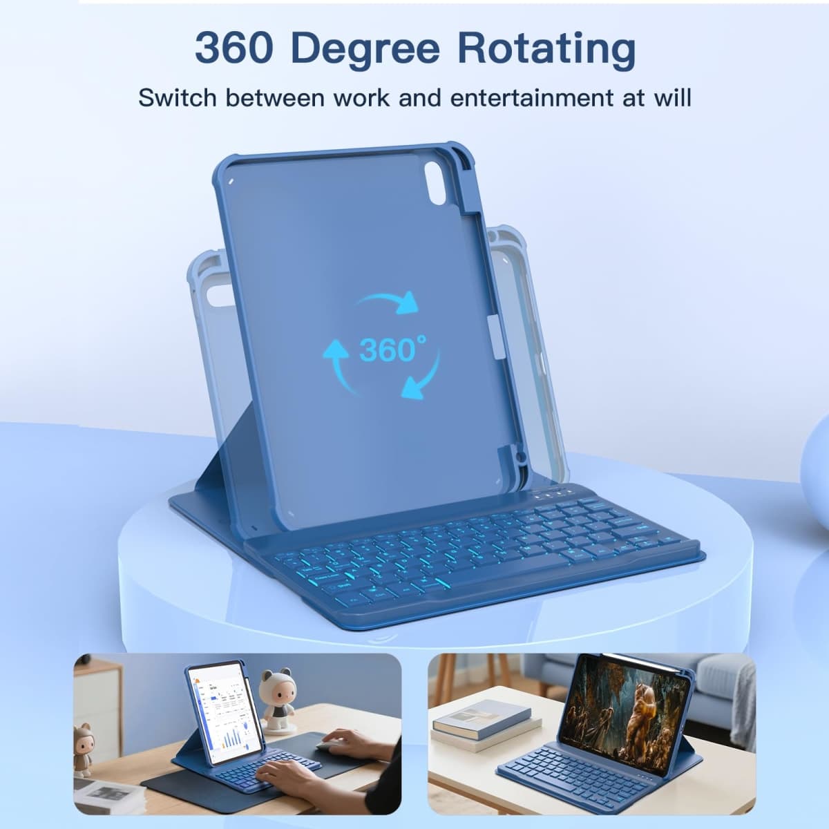 RAYMCRAFT for iPad Air 11-inch Case with Keyboard M4/M3/M2 (2026/2025/2024), 360° Rotatable Case & Detachable Wireless Keyboard for iPad Air 5/4th, 7-Color Backlit, Precision Cutouts, Navy Blue thumbnail 3