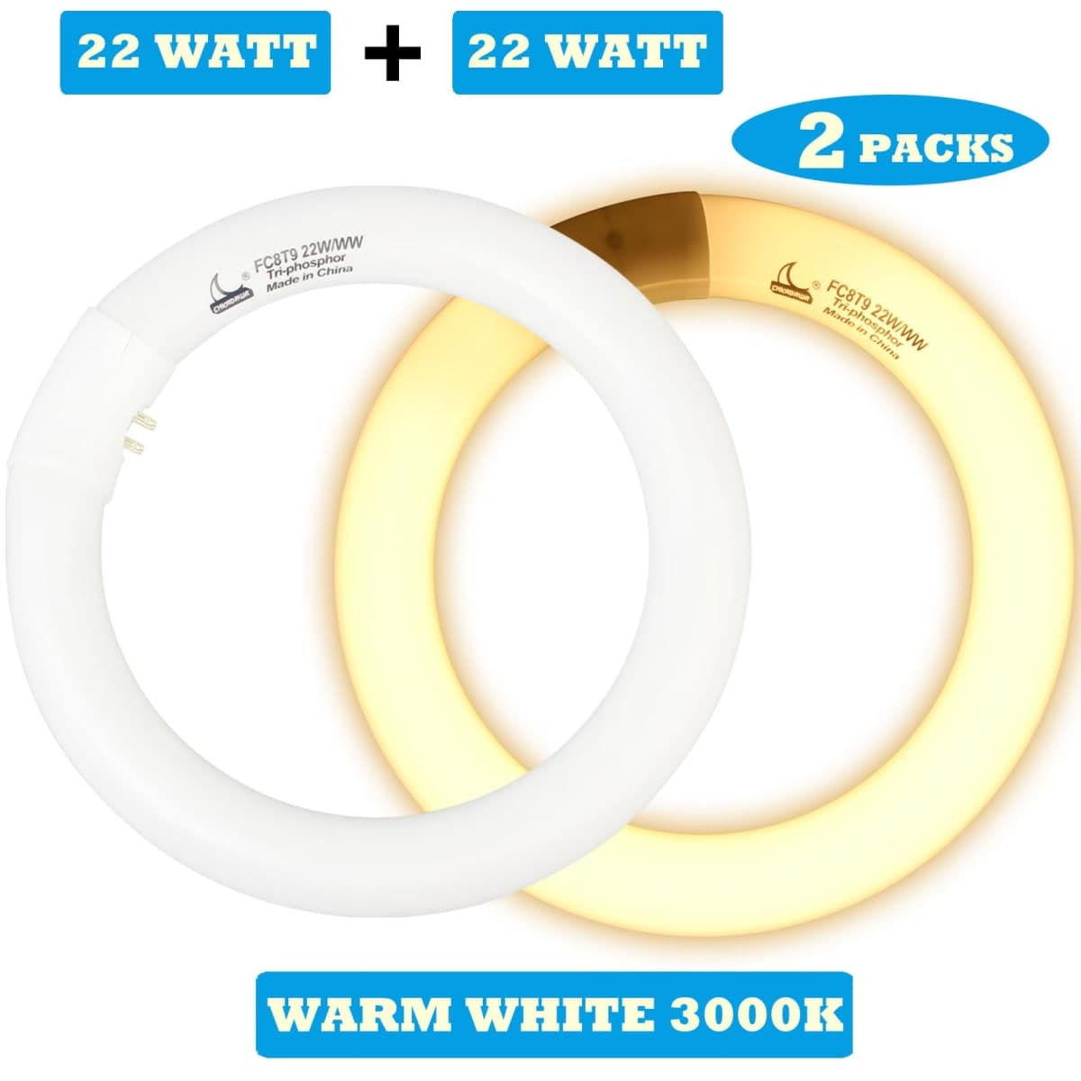 CHKADAWA FC8T9/KB 22W Round Light Bulb, 8 Inch T9 22 Watt Circular Fluorescent Light Bulbs, Replacement Circline Fluorescent Lamp, Warm White 3000K 1400 Lumens, G10q 4 Pin Prong, 2 Pack thumbnail 2