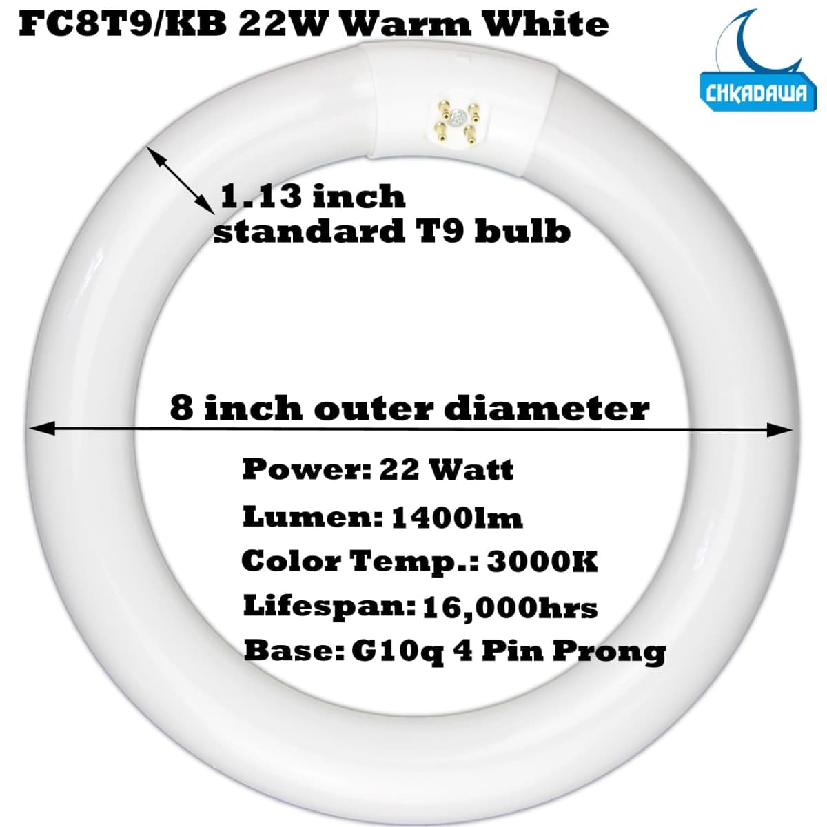 CHKADAWA FC8T9/KB 22W Round Light Bulb, 8 Inch T9 22 Watt Circular Fluorescent Light Bulbs, Replacement Circline Fluorescent Lamp, Warm White 3000K 1400 Lumens, G10q 4 Pin Prong, 2 Pack thumbnail 3