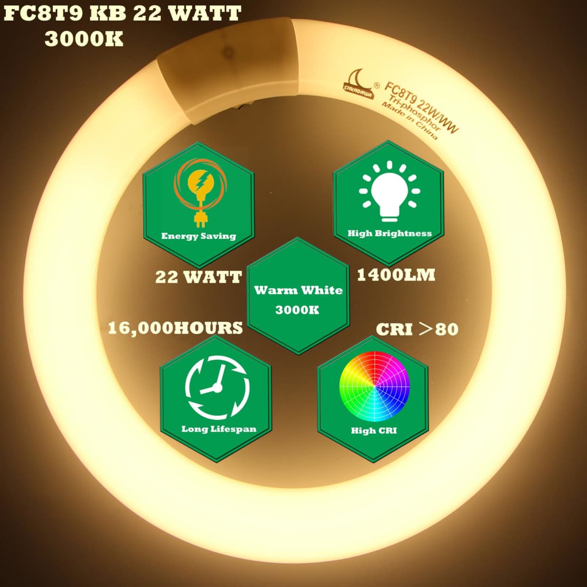 CHKADAWA FC8T9/KB 22W Round Light Bulb, 8 Inch T9 22 Watt Circular Fluorescent Light Bulbs, Replacement Circline Fluorescent Lamp, Warm White 3000K 1400 Lumens, G10q 4 Pin Prong, 2 Pack thumbnail 4