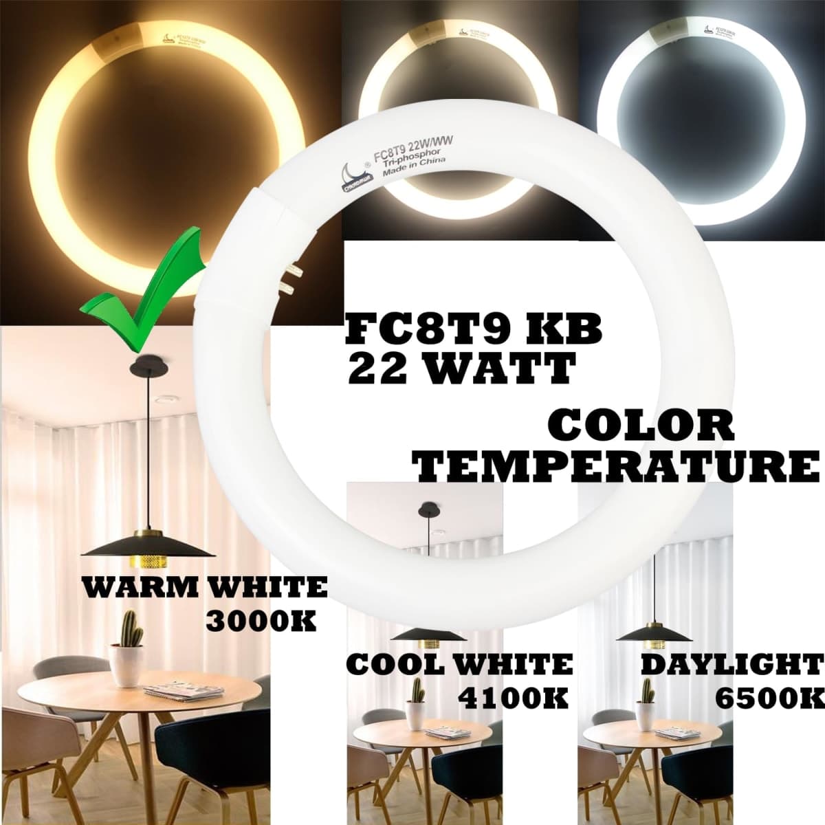 CHKADAWA FC8T9/KB 22W Round Light Bulb, 8 Inch T9 22 Watt Circular Fluorescent Light Bulbs, Replacement Circline Fluorescent Lamp, Warm White 3000K 1400 Lumens, G10q 4 Pin Prong, 2 Pack thumbnail 5