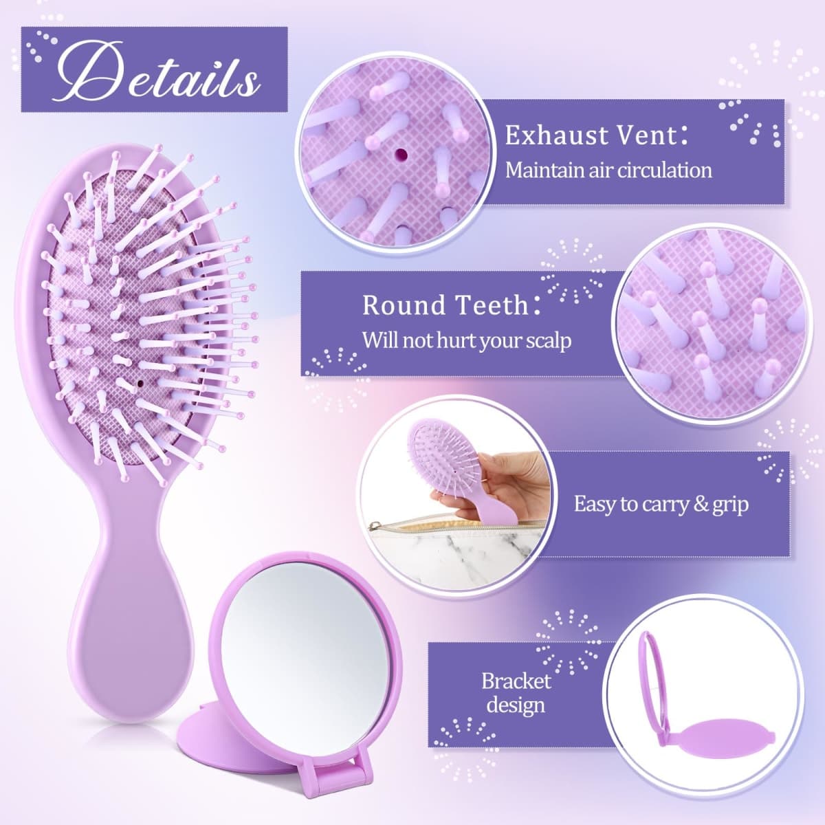 Meanplan 12 Pcs Mini Hair Brush Set Travel Wet Dry Hair Combs Pocket Detangling Compact Folding Makeup Mirrors for Spa Sleepover Birthday Bridal Shower Bachelorette Christmas Party Gift(Purple) thumbnail 3