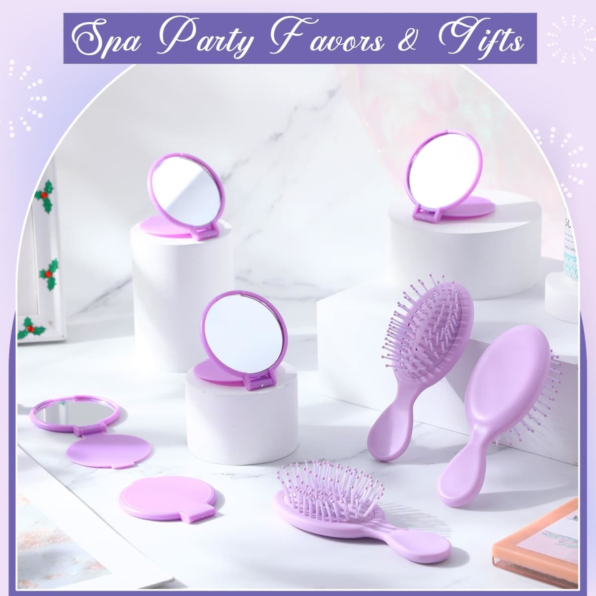 Meanplan 12 Pcs Mini Hair Brush Set Travel Wet Dry Hair Combs Pocket Detangling Compact Folding Makeup Mirrors for Spa Sleepover Birthday Bridal Shower Bachelorette Christmas Party Gift(Purple) thumbnail 4