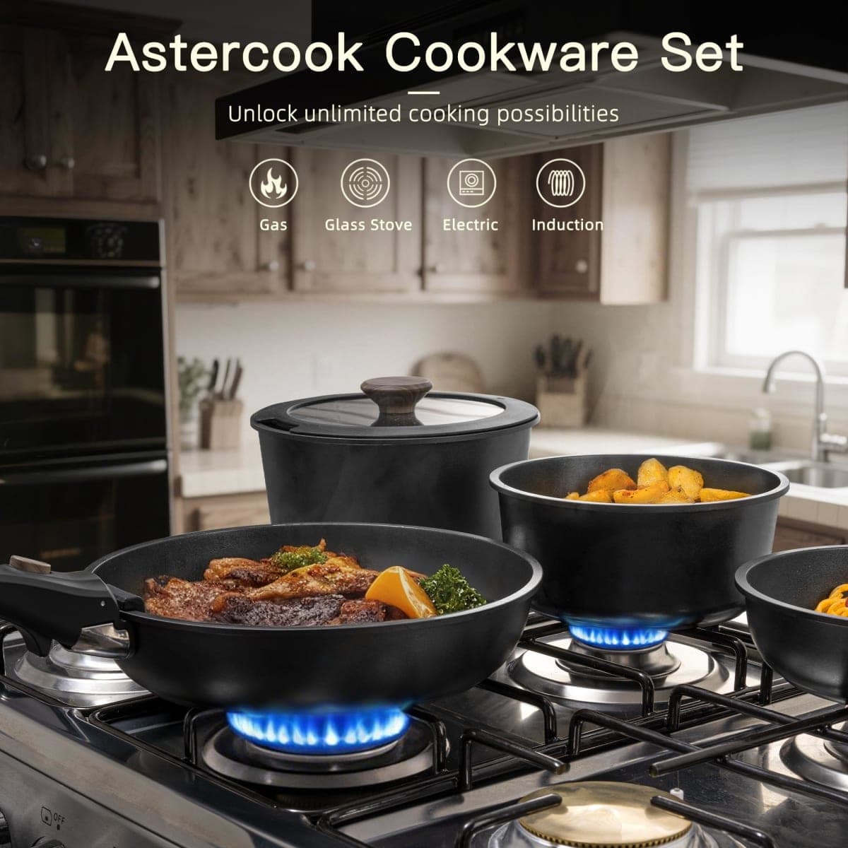 Astercook 21 Pcs Pots and Pans Set Non Stick, Ceramic Cookware Set Detachable Handle, RV Kitchen Cooking Set Removable Handles, Oven Safe, Induction Ready, Stackable Non-stick Set, Black thumbnail 2