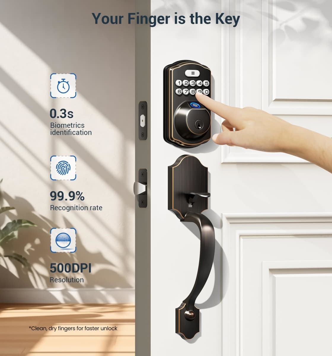 Veise Fingerprint Door Lock Set, Keyless Entry Door Lock, Front Handle Set, Electronic Keypad Deadbolt with Lever Handle, 2 Keys, Auto-Locking, One-time Codes, Easy to Install, Oil Rubbed Bronze thumbnail 2