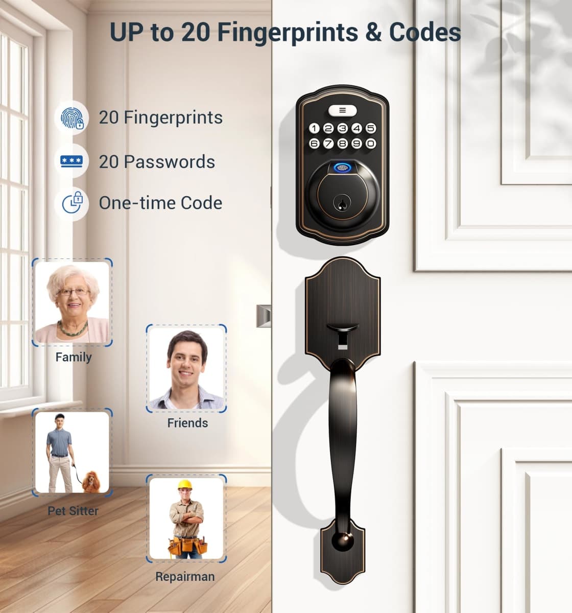 Veise Fingerprint Door Lock Set, Keyless Entry Door Lock, Front Handle Set, Electronic Keypad Deadbolt with Lever Handle, 2 Keys, Auto-Locking, One-time Codes, Easy to Install, Oil Rubbed Bronze thumbnail 3