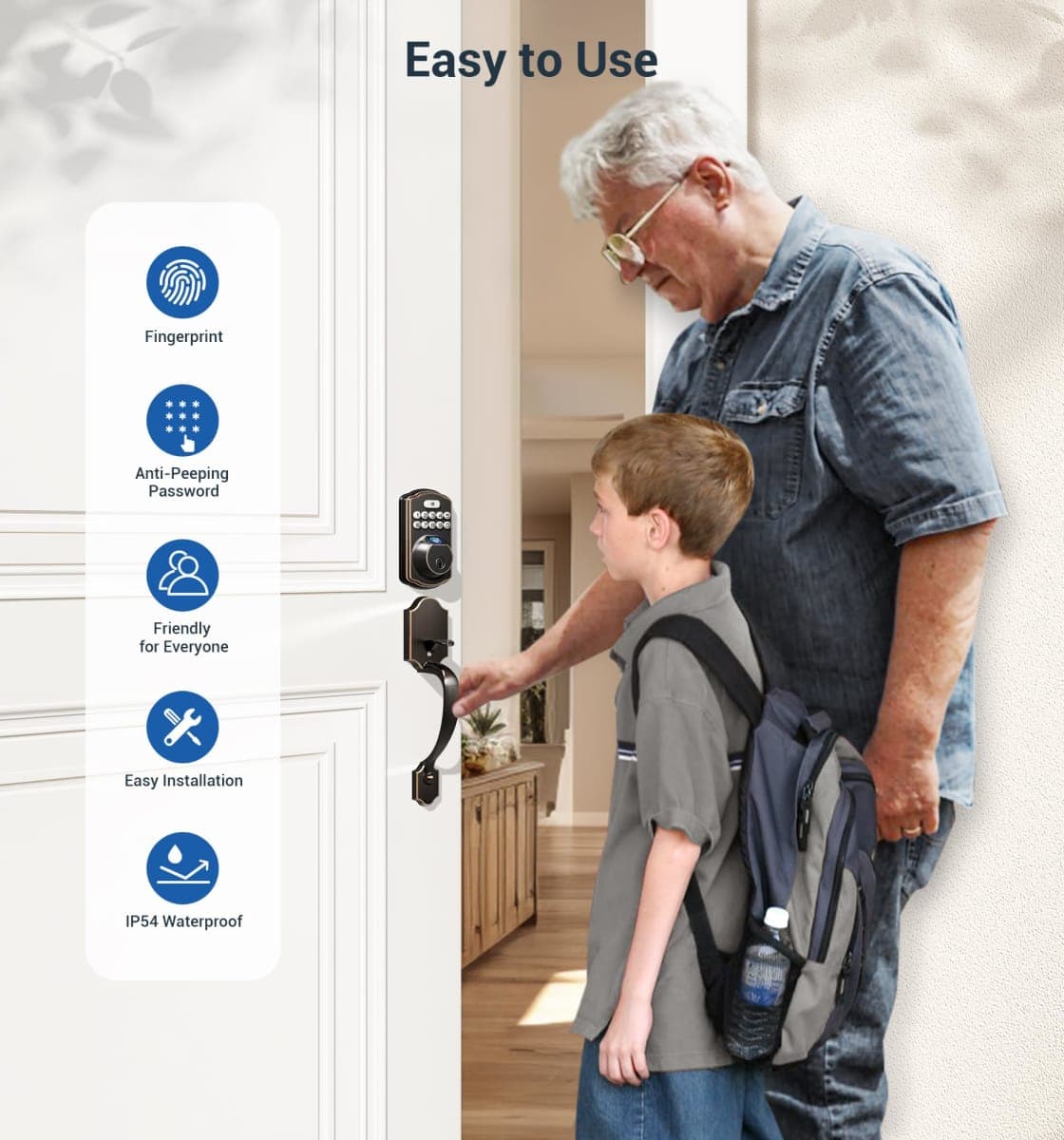 Veise Fingerprint Door Lock Set, Keyless Entry Door Lock, Front Handle Set, Electronic Keypad Deadbolt with Lever Handle, 2 Keys, Auto-Locking, One-time Codes, Easy to Install, Oil Rubbed Bronze thumbnail 5