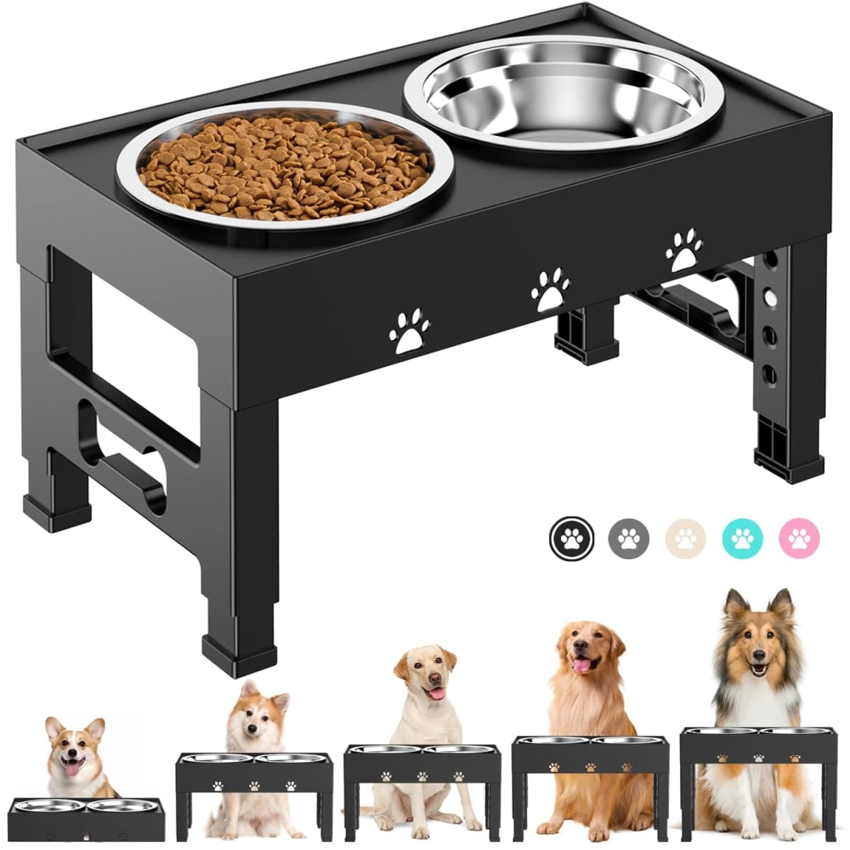 Elevated Dog Bowls with 2 Stainless Steel Bowls, 5-Height Adjustable Stand (3.1", 9" to 12"), for Improved Digestion & Neck Support, Easy Clean, Non-Slip Base Raised Feeder for Medium Large Dogs — image 1