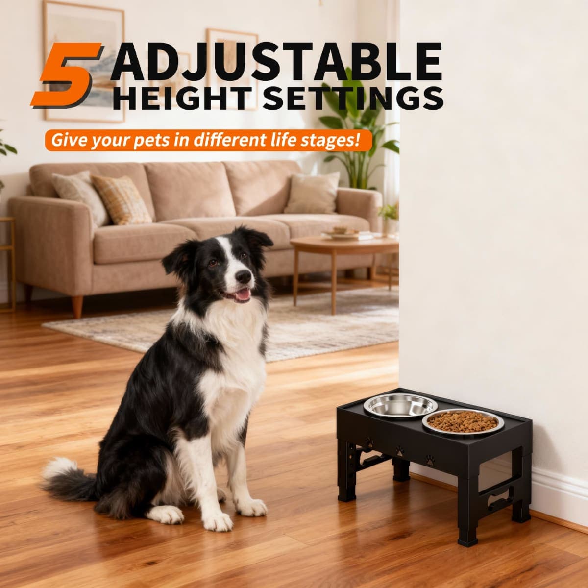 Elevated Dog Bowls with 2 Stainless Steel Bowls, 5-Height Adjustable Stand (3.1", 9" to 12"), for Improved Digestion & Neck Support, Easy Clean, Non-Slip Base Raised Feeder for Medium Large Dogs thumbnail 2