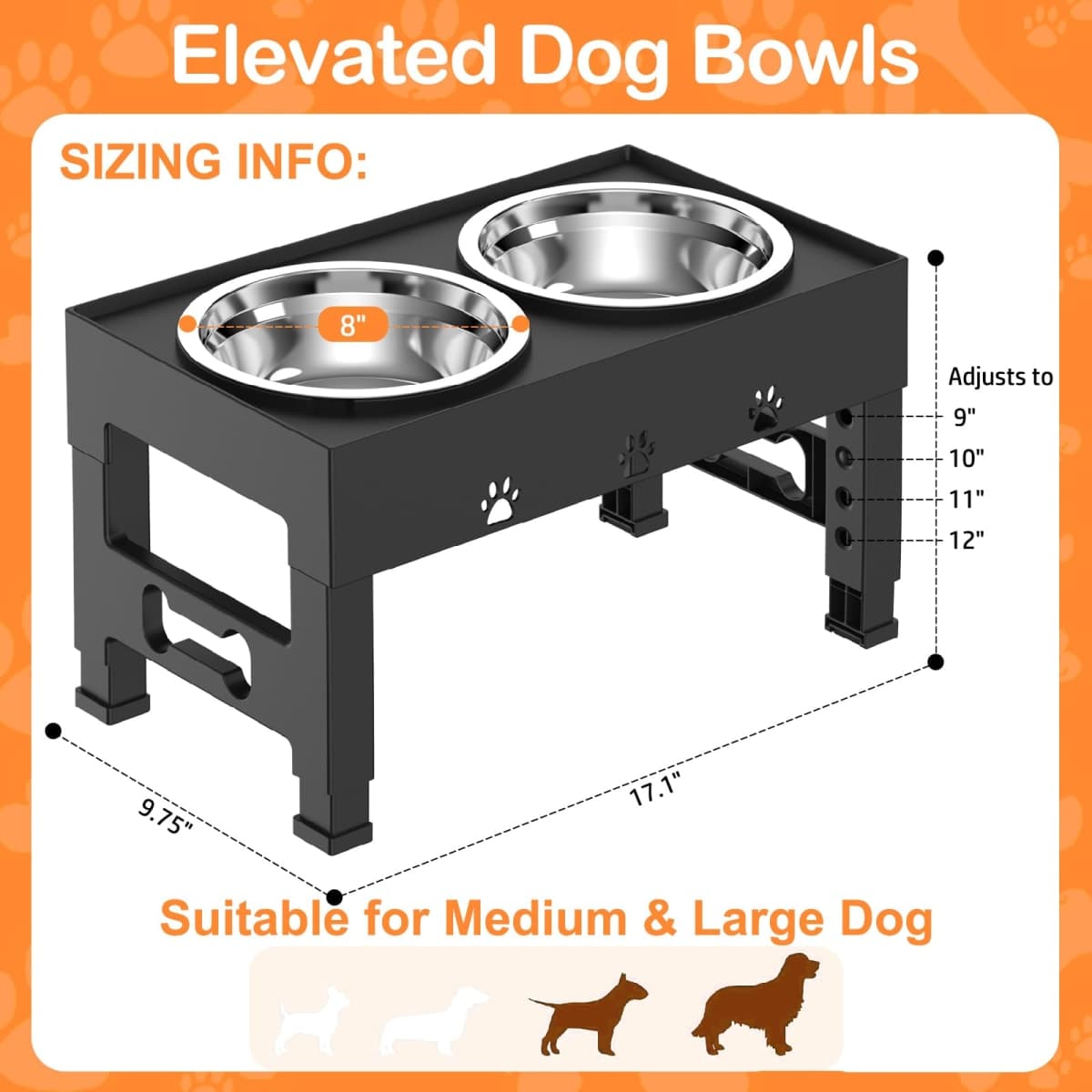 Elevated Dog Bowls with 2 Stainless Steel Bowls, 5-Height Adjustable Stand (3.1", 9" to 12"), for Improved Digestion & Neck Support, Easy Clean, Non-Slip Base Raised Feeder for Medium Large Dogs thumbnail 5