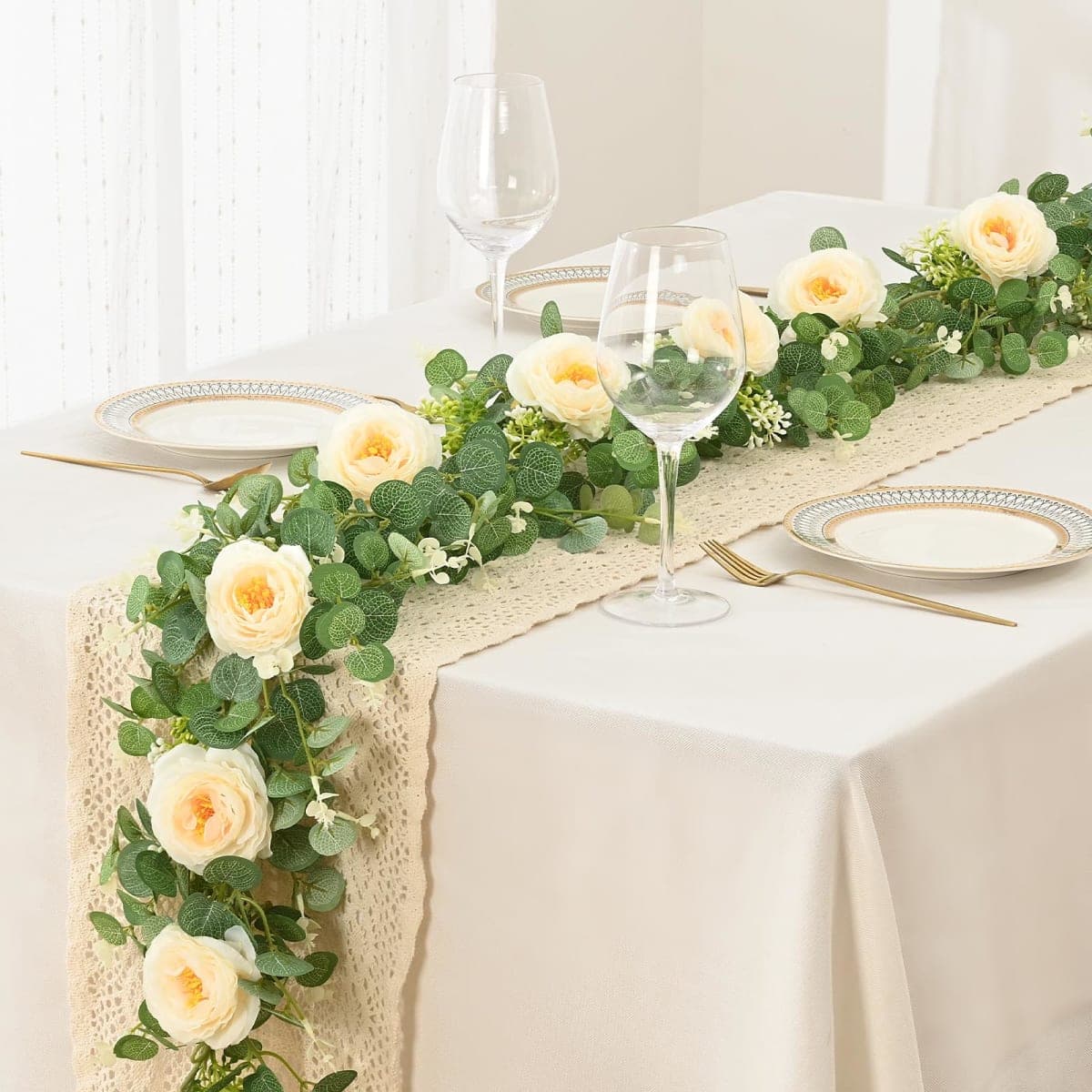 Dolicer 4Pcs 26Ft Artificial Eucalyptus Garlands with Flowers, Faux Floral Greenery Garlands Fake Flowers Vines for Wedding Centerpieces Arch Party Ceremony Backdrop Decor (Champagne) thumbnail 2