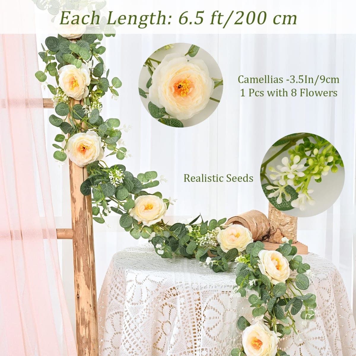 Dolicer 4Pcs 26Ft Artificial Eucalyptus Garlands with Flowers, Faux Floral Greenery Garlands Fake Flowers Vines for Wedding Centerpieces Arch Party Ceremony Backdrop Decor (Champagne) thumbnail 3