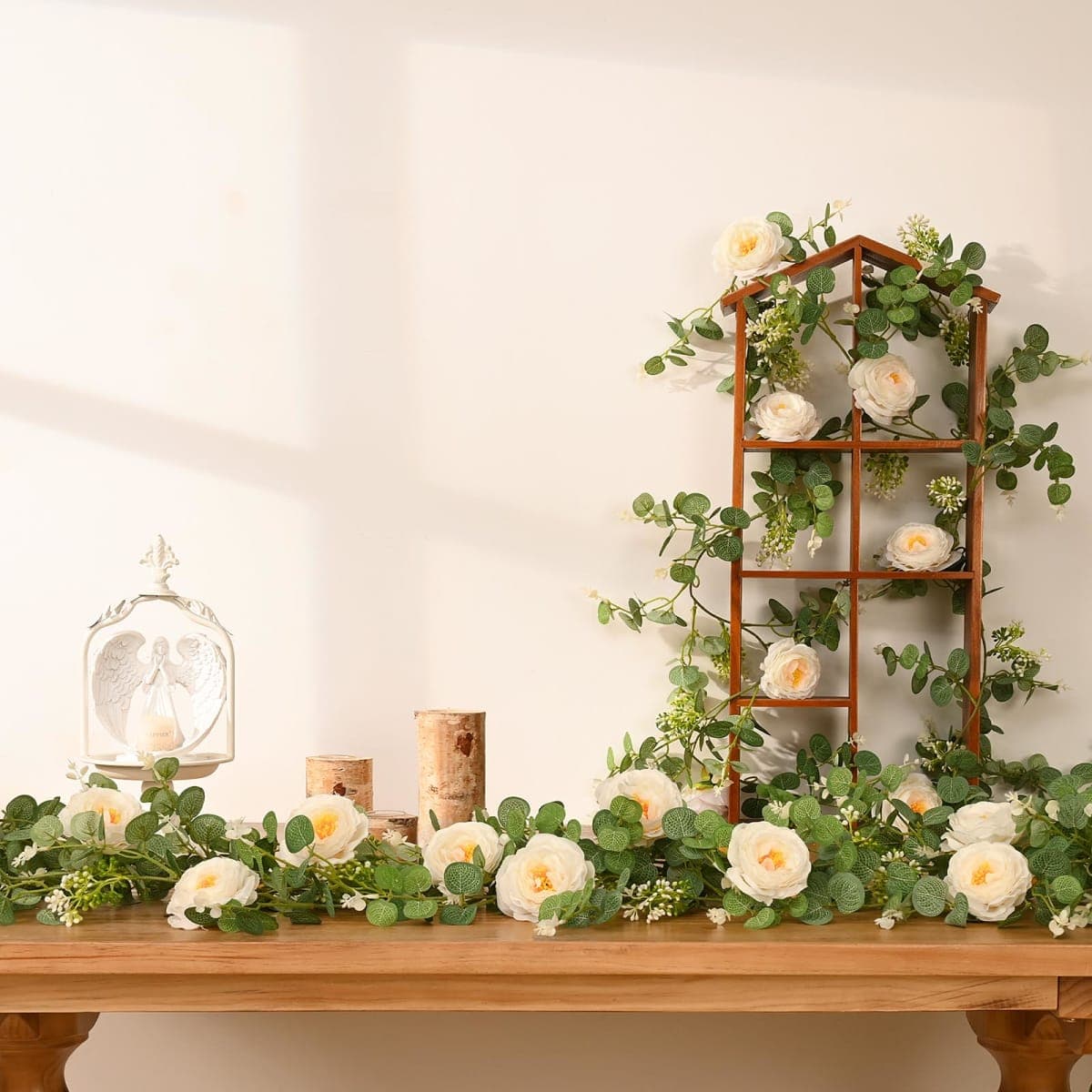 Dolicer 4Pcs 26Ft Artificial Eucalyptus Garlands with Flowers, Faux Floral Greenery Garlands Fake Flowers Vines for Wedding Centerpieces Arch Party Ceremony Backdrop Decor (Champagne) thumbnail 4