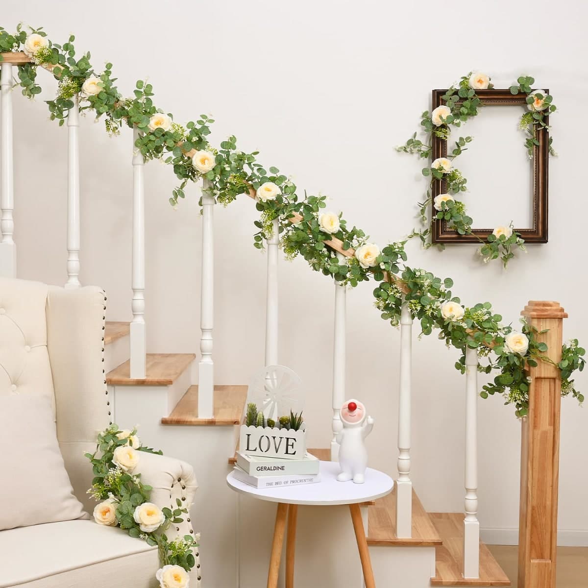 Dolicer 4Pcs 26Ft Artificial Eucalyptus Garlands with Flowers, Faux Floral Greenery Garlands Fake Flowers Vines for Wedding Centerpieces Arch Party Ceremony Backdrop Decor (Champagne) thumbnail 5