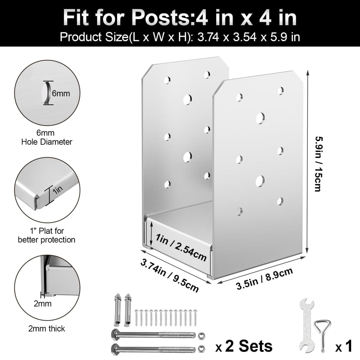 FMhotu 4x4 Post Base, 3Pcs Stainless Steel Adjustable Post Anchor Bracket(Internal 3.5" x 3.5"), Adjustable Post Base for Pavilion Deck Porch Handrail Railing Support Decorative Anchor Plate thumbnail 2