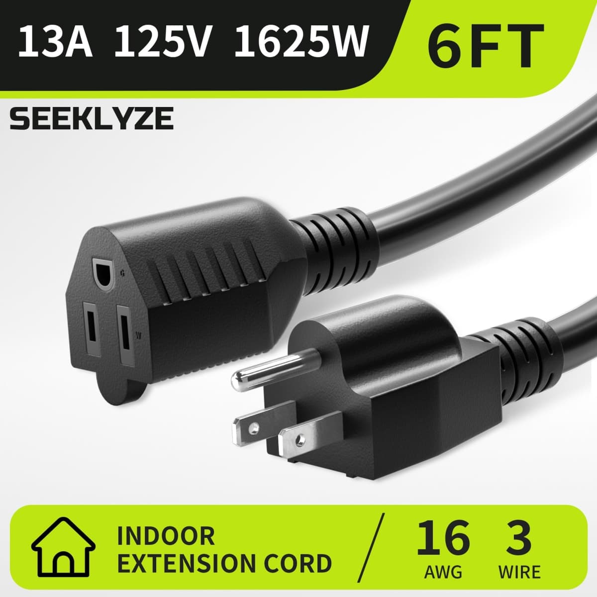 Seeklyze 16/3 Black Extension Cord 6 FT Indoor, Short Extension Cord thumbnail 2