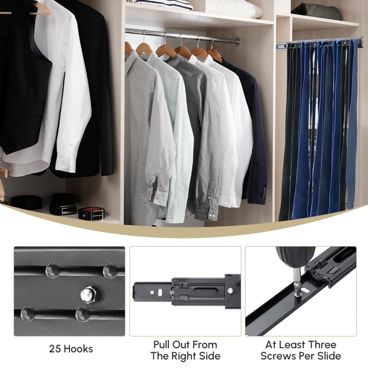 Blulu 2 Pcs Sliding Tie Rack Hanger for Closet, 25 Tie Pull Out Wall Mount Extending Sturdy Metal Belt Organizer Holder for Men Belt Storage, 13.8'' x 1.7'', Black thumbnail 3
