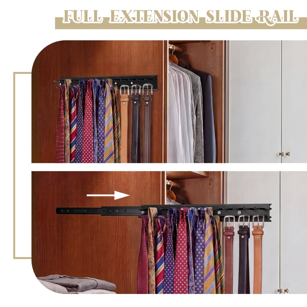 Blulu 2 Pcs Sliding Tie Rack Hanger for Closet, 25 Tie Pull Out Wall Mount Extending Sturdy Metal Belt Organizer Holder for Men Belt Storage, 13.8'' x 1.7'', Black thumbnail 4