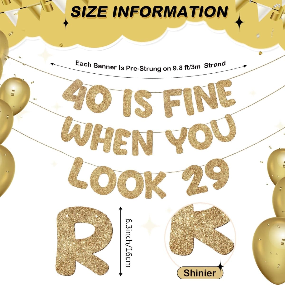 Fulmoon Pre Strung 40 Is Fine When You Look 29 Banner Glitter Happy 40th Birthday Banner Funny 40th Birthday Sign 1985 Party Decorations for Men Women(Champagne Gold) thumbnail 2