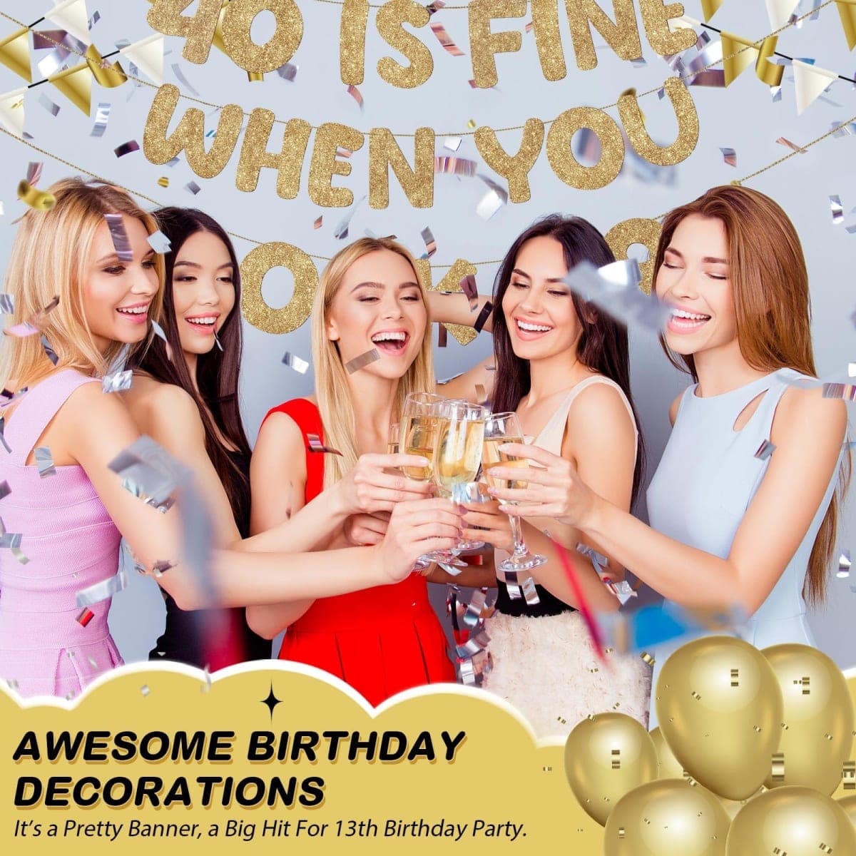 Fulmoon Pre Strung 40 Is Fine When You Look 29 Banner Glitter Happy 40th Birthday Banner Funny 40th Birthday Sign 1985 Party Decorations for Men Women(Champagne Gold) thumbnail 4