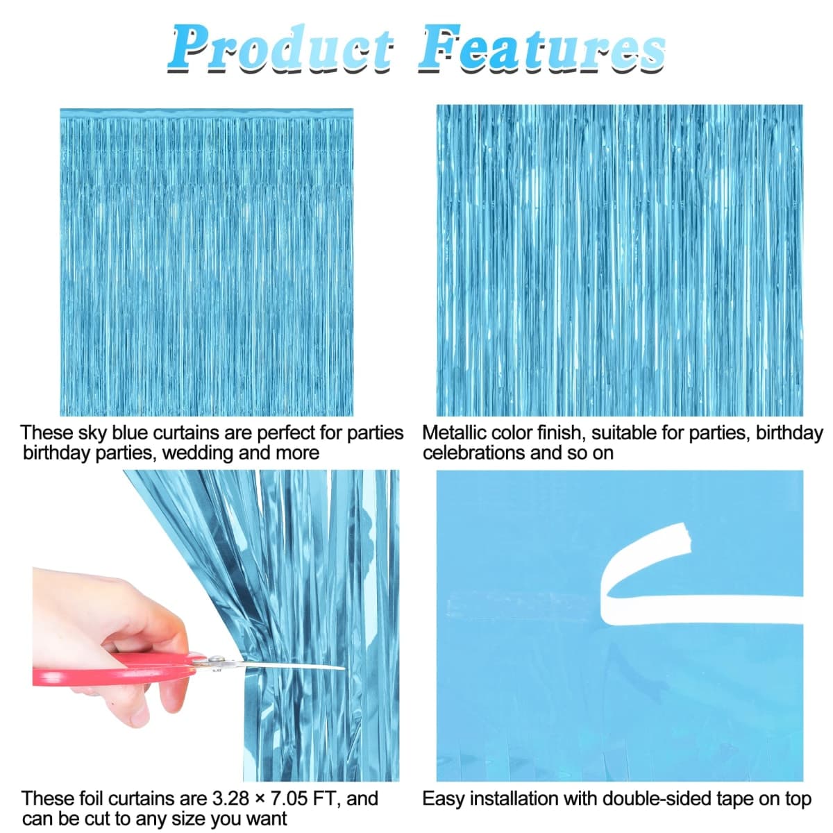 ZATAYE 2 Pack Sky Blue Metallic Fringe Curtains, 3.28 ft x 7.05 ft, Winter Backdrop, Party Streamer, Birthday Party Supplies thumbnail 4
