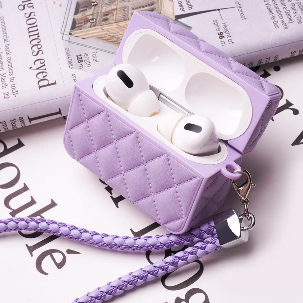 Earphone Case for AirPods 4, Elegant Classical Diamond PU Leather Surface Earphone Case Soft Silicone Case, AirPods 4 Cover Protective Case Skin Protector for Earbuds +Lanyard-Pink thumbnail 5