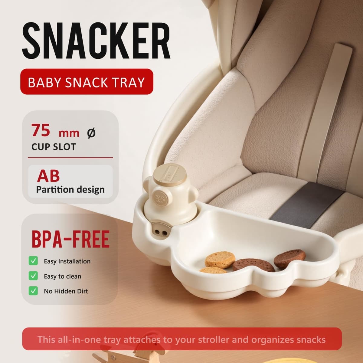 Li & Zhao Universal Stroller Snack Tray Attachment - Universal Snack Tray for Cloud Cup Holder Tray Stroller Tray Attachment Plastic Accessories for Baby,Toddler(Beige) thumbnail 2
