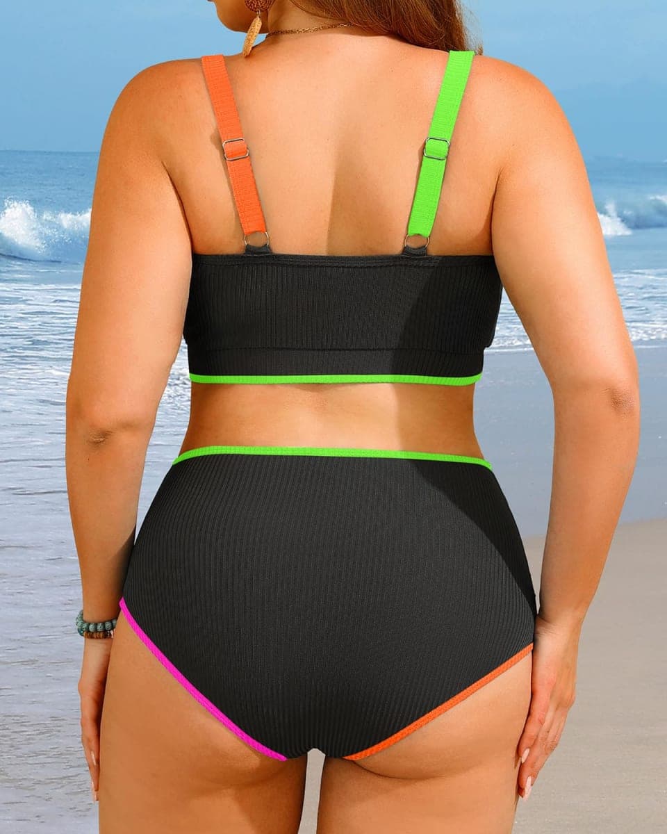 Women Plus Size High Waisted Bikini Ribbed Two Piece Tummy Control Swimsuit, Colorful Black, 16 Plus thumbnail 2