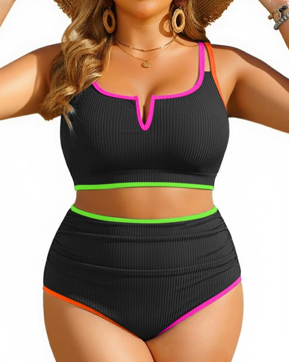Women Plus Size High Waisted Bikini Ribbed Two Piece Tummy Control Swimsuit, Colorful Black, 16 Plus thumbnail 3