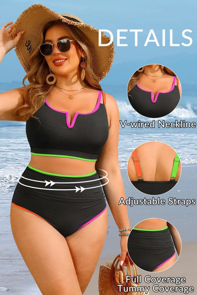 Women Plus Size High Waisted Bikini Ribbed Two Piece Tummy Control Swimsuit, Colorful Black, 16 Plus thumbnail 4