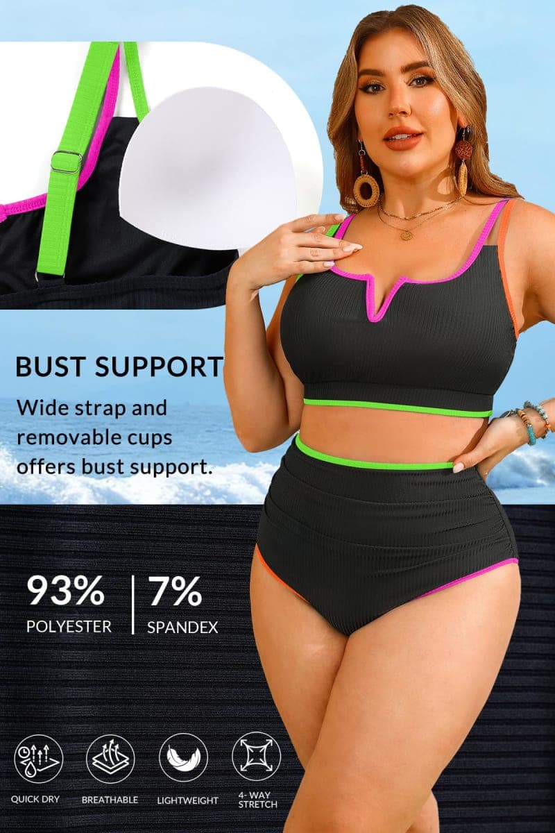 Women Plus Size High Waisted Bikini Ribbed Two Piece Tummy Control Swimsuit, Colorful Black, 16 Plus thumbnail 5