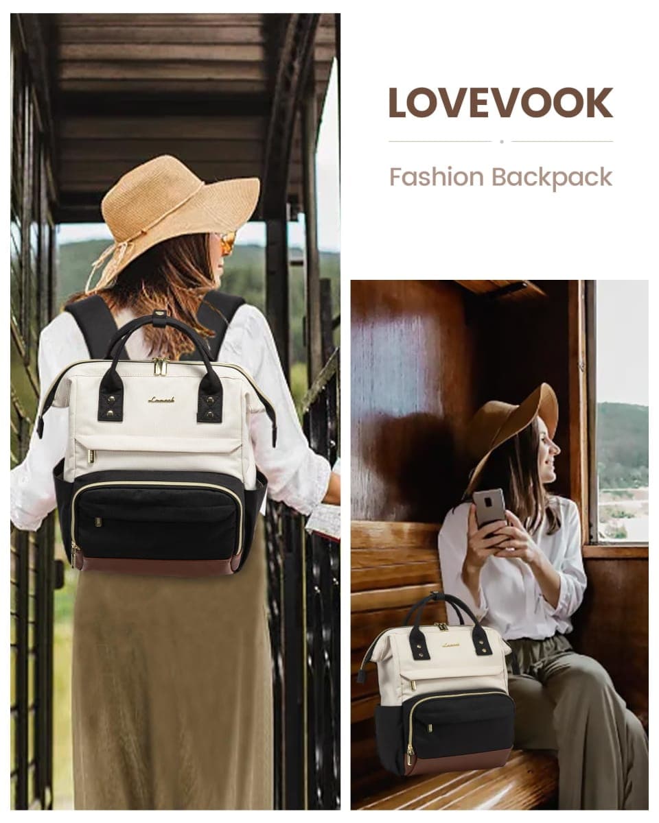 LOVEVOOK Small Backpack for Women, Beige-black-brown, 13inch, Lightweight thumbnail 2